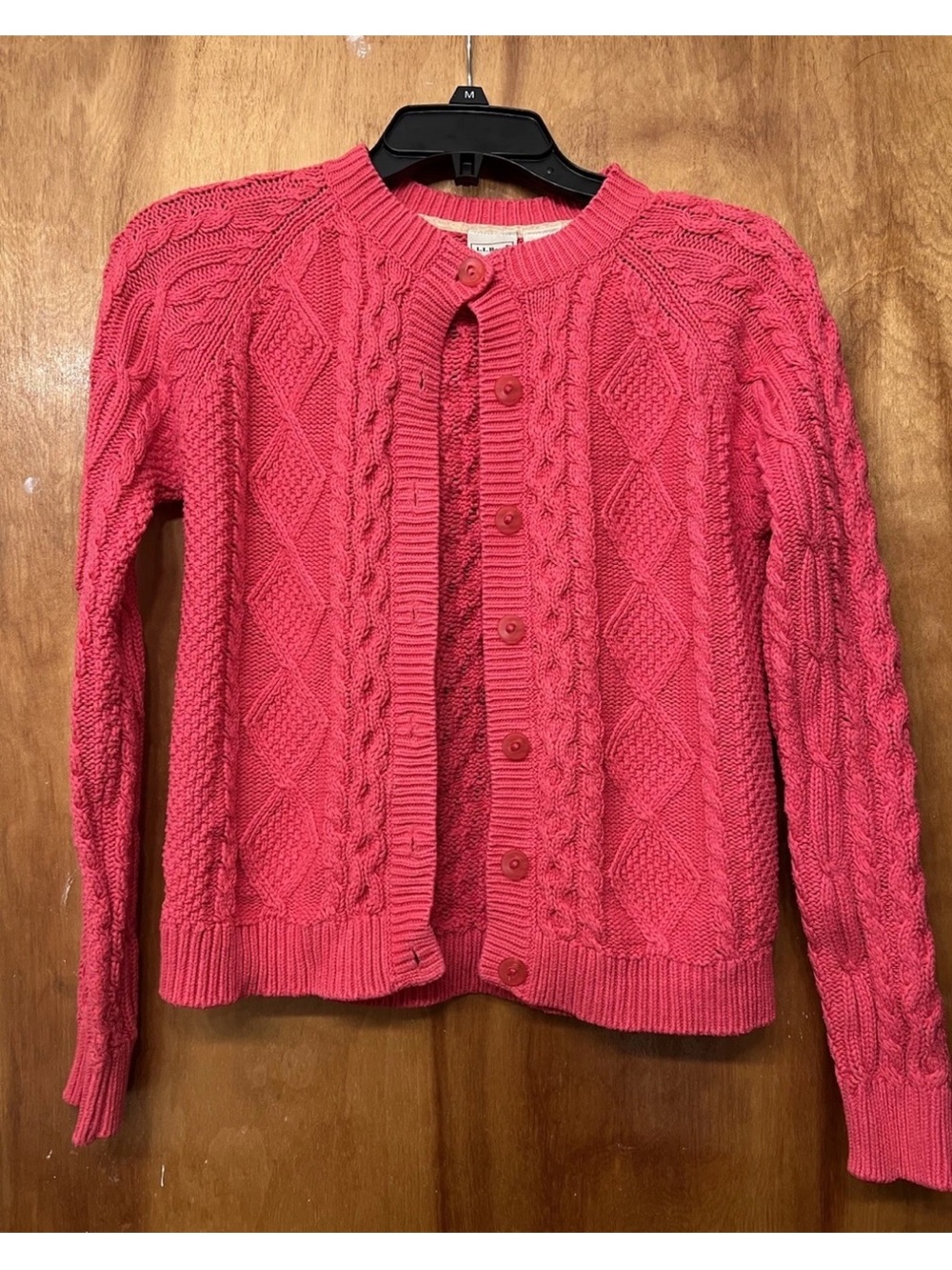 L.L.Bean Girls Pink Cable Knit Button Front Cardigan Sweater Size L (12-14)
